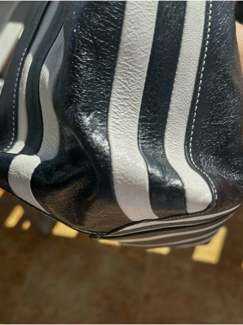 Balenciaga Barbes East-West Shopper Tote Black White Striped Leather Bag - Picture 11 of 16